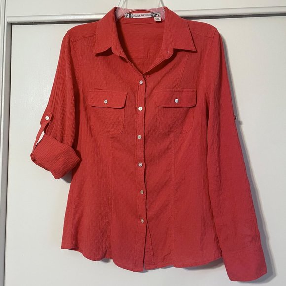 Anthropologie Chelsea & Violet Tab Long Sleeve Button Down Shirt  Red/Orange M - Picture 8 of 11